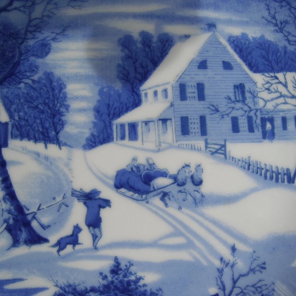 Vintage 2 Plates Currier & Ives Winter Scenes Blue-White Home Wall Decor Japan - Picture 7 of 11